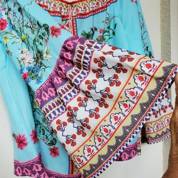 Umgee Border Print Off the Shoulder Boho Top.  Size L - Picture 2 of 7
